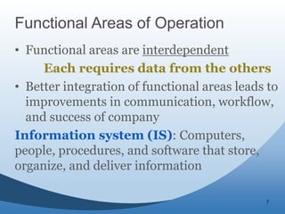 7
Functional Areas of Operation
• Functional areas are interdependent
Each requires data from the others
• Better integration of functional areas leads to
improvements in communication, workflow,
and success of company
Information system (IS): Computers,
people, procedures, and software that store,
organize, and deliver information
 