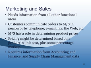 22
Marketing and Sales
• Needs information from all other functional
areas
• Customers communicate orders to M/S in
person...