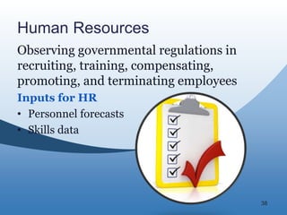 38
Human Resources
Observing governmental regulations in
recruiting, training, compensating,
promoting, and terminating em...