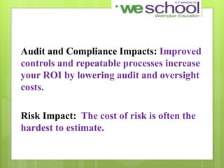 Audit and Compliance Impacts: Improved
controls and repeatable processes increase
your ROI by lowering audit and oversight
costs.
Risk Impact: The cost of risk is often the
hardest to estimate.
 