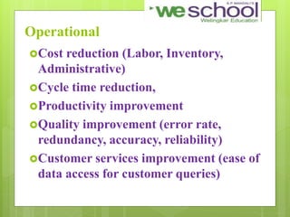 Operational
Cost reduction (Labor, Inventory,
Administrative)
Cycle time reduction,
Productivity improvement
Quality improvement (error rate,
redundancy, accuracy, reliability)
Customer services improvement (ease of
data access for customer queries)
 