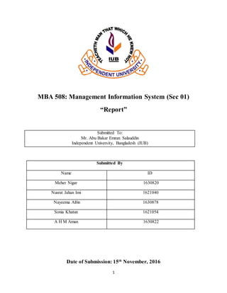 1
MBA 508: Management Information System (Sec 01)
“Report”
Submitted To:
Mr. Abu Bakar Emran Salauddin
Independent University, Bangladesh (IUB)
Submitted By
Name ID
Meher Nigar 1630820
Nusrat Jahan Imi 1621040
Nayeema Afrin 1630878
Sonia Khatun 1621054
A H M Aman 1630822
Date of Submission: 15th
November, 2016
 