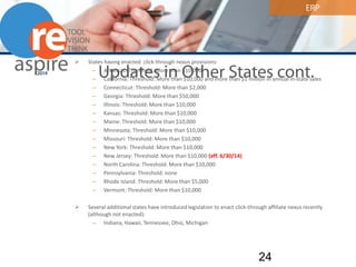 ERP 
Updates in Other States cont. 
 
States having enacted click-through nexus provisions: 
– 
Arkansas: Threshold: More than $10,000 
– 
California: Threshold: More than $10,000 and more than $1 million in annual in-state sales 
– 
Connecticut: Threshold: More than $2,000 
– 
Georgia: Threshold: More than $50,000 
– 
Illinois: Threshold: More than $10,000 
– 
Kansas: Threshold: More than $10,000 
– 
Maine: Threshold: More than $10,000 
– 
Minnesota: Threshold: More than $10,000 
– 
Missouri: Threshold: More than $10,000 
– 
New York: Threshold: More than $10,000 
– 
New Jersey: Threshold: More than $10,000 (eff. 6/30/14) 
– 
North Carolina: Threshold: More than $10,000 
– 
Pennsylvania: Threshold: none 
– 
Rhode Island: Threshold: More than $5,000 
– 
Vermont: Threshold: More than $10,000 
 
Several additional states have introduced legislation to enact click-through affiliate nexus recently (although not enacted): 
– 
Indiana, Hawaii, Tennessee, Ohio, Michigan 24 
 