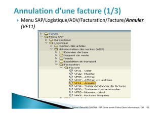  Menu SAP/Logistique/ADV/Facturation/Facture/Annuler
(VF11)
Fatima-Zahra BELOUADHA . ERP. 3ème année Filière Génie Informatique, EMI 105
 