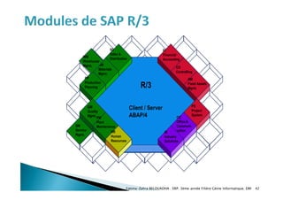 Fatima-Zahra BELOUADHA . ERP. 3ème année Filière Génie Informatique, EMI 42
R/3
Client / Server
ABAP/4
FI
Financial
Accounting
CO
Controlling
AM
Fixed Assets
Mgmt.
PS
Project
System
OC
Office &
Communi-
cation
IS
Industry
Solutions
MM
Materials
Mgmt.
HR
Human
Resources
SD
Sales &
Distribution
PP
Production
Planning
QM
Quality
Mgmt.
PM
Plant
Maintenance
WM
Warehouse
Mgmt.
SM
Service
Mgmt.
 