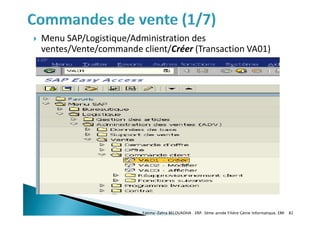  Menu SAP/Logistique/Administration des
ventes/Vente/commande client/Créer (Transaction VA01)
Fatima-Zahra BELOUADHA . ERP. 3ème année Filière Génie Informatique, EMI 82
 