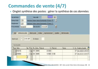  Onglet synthèse des postes : gérer la synthèse de ces données
Fatima-Zahra BELOUADHA . ERP. 3ème année Filière Génie Informatique, EMI 85
 
