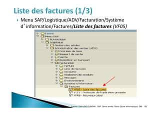  Menu SAP/Logistique/ADV/Facturation/Système
d’information/Factures/Liste des factures (VF05)
Fatima-Zahra BELOUADHA . ERP. 3ème année Filière Génie Informatique, EMI 102
 