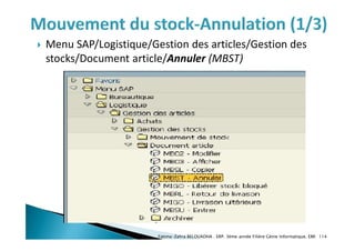  Menu SAP/Logistique/Gestion des articles/Gestion des
stocks/Document article/Annuler (MBST)
Fatima-Zahra BELOUADHA . ERP. 3ème année Filière Génie Informatique, EMI 114
 