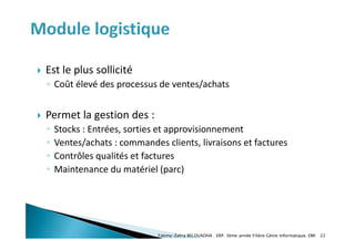  Est le plus sollicité
◦ Coût élevé des processus de ventes/achats
 Permet la gestion des :
◦ Stocks : Entrées, sorties et approvisionnement
◦ Ventes/achats : commandes clients, livraisons et factures
◦ Contrôles qualités et factures
◦ Maintenance du matériel (parc)
Fatima-Zahra BELOUADHA . ERP. 3ème année Filière Génie Informatique, EMI 22
 