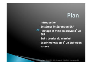 Introduction
Systèmes intégrant un ERP
Pilotage et mise en œuvre d’un
ERP
SAP : Leader du marché
Expérimentation d’un ERP open
source
Fatima-Zahra BELOUADHA . ERP. 3ème année Filière Génie Informatique, EMI 3
 