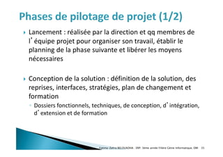  Lancement : réalisée par la direction et qq membres de
l’équipe projet pour organiser son travail, établir le
planning de la phase suivante et libérer les moyens
nécessaires
 Conception de la solution : définition de la solution, des
reprises, interfaces, stratégies, plan de changement et
formation
◦ Dossiers fonctionnels, techniques, de conception, d’intégration,
d’extension et de formation
Fatima-Zahra BELOUADHA . ERP. 3ème année Filière Génie Informatique, EMI 35
 