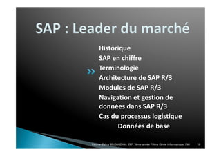 Historique
SAP en chiffre
Terminologie
Architecture de SAP R/3
Modules de SAP R/3
Navigation et gestion de
données dans SAP R/3
Cas du processus logistique
Données de base
Fatima-Zahra BELOUADHA . ERP. 3ème année Filière Génie Informatique, EMI 38
 