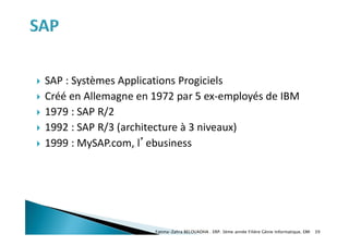  SAP : Systèmes Applications Progiciels
 Créé en Allemagne en 1972 par 5 ex-employés de IBM
 1979 : SAP R/2
 1992 : SAP R/3 (architecture à 3 niveaux)
 1999 : MySAP.com, l’ebusiness
Fatima-Zahra BELOUADHA . ERP. 3ème année Filière Génie Informatique, EMI 39
 