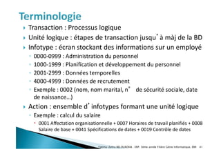  Transaction : Processus logique
 Unité logique : étapes de transaction jusqu’à màj de la BD
 Infotype : écran stockant des informations sur un employé
◦ 0000-0999 : Administration du personnel
◦ 1000-1999 : Planification et développement du personnel
◦ 2001-2999 : Données temporelles
◦ 4000-4999 : Données de recrutement
◦ Exemple : 0002 (nom, nom marital, n° de sécurité sociale, date
de naissance…)
 Action : ensemble d’infotypes formant une unité logique
◦ Exemple : calcul du salaire
 0001 Affectation organisationnelle + 0007 Horaires de travail planifiés + 0008
Salaire de base + 0041 Spécifications de dates + 0019 Contrôle de dates
Fatima-Zahra BELOUADHA . ERP. 3ème année Filière Génie Informatique, EMI 41
 