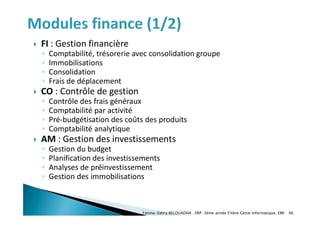  FI : Gestion financière
◦ Comptabilité, trésorerie avec consolidation groupe
◦ Immobilisations
◦ Consolidation
◦ Frais de déplacement
 CO : Contrôle de gestion
◦ Contrôle des frais généraux
◦ Comptabilité par activité
◦ Pré-budgétisation des coûts des produits
◦ Comptabilité analytique
 AM : Gestion des investissements
◦ Gestion du budget
◦ Planification des investissements
◦ Analyses de préinvestissement
◦ Gestion des immobilisations
Fatima-Zahra BELOUADHA . ERP. 3ème année Filière Génie Informatique, EMI 46
 