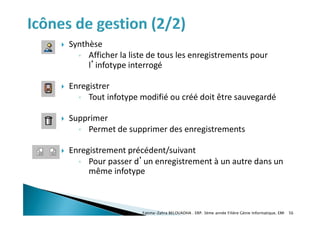  Synthèse
◦ Afficher la liste de tous les enregistrements pour
l’infotype interrogé
 Enregistrer
◦ Tout infotype modifié ou créé doit être sauvegardé
 Supprimer
◦ Permet de supprimer des enregistrements
 Enregistrement précédent/suivant
◦ Pour passer d’un enregistrement à un autre dans un
même infotype
Fatima-Zahra BELOUADHA . ERP. 3ème année Filière Génie Informatique, EMI 56
 