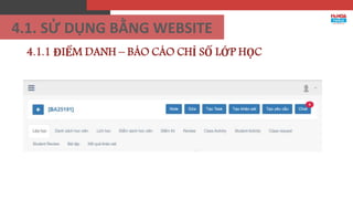 4.1.1 ĐIỂM DANH – BÁO CÁO CHỈ SỐ LỚP HỌC
4.1. SỬ DỤNG BẰNG WEBSITE
 