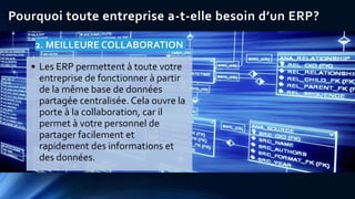 Pourquoi toute entreprise a-t-elle besoin d’un ERP?
2. MEILLEURE COLLABORATION
• Les ERP permettent à toute votre
entreprise de fonctionner à partir
de la même base de données
partagée centralisée. Cela ouvre la
porte à la collaboration, car il
permet à votre personnel de
partager facilement et
rapidement des informations et
des données.
 