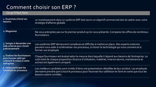 Comment choisir son ERP ?
• Ce qu’il faut faire
1. Examinez à fond vos
besoins
un investissement dans un système ERP doit servir un objectif commercial clair et cadrer avec votre
stratégie d’affaires globale
2. Magasinez Ne vous précipitez pas sur le premier produit qu’on vous présente. Comparez les offres de nombreux
fournisseurs.
3. Songez à demander une
aide externe pour choisir
judicieusement
Les systèmes ERP demeurent complexes et difficiles à mettre en place. Des experts externes
peuvent vous aider à schématiser vos processus, à choisir la technologie qui vous convient et à
former vos employés
4. Évaluez les fournisseurs
pour trouver celui qui
convient le mieux à votre
entreprise
Chaque fournisseur est évalué selon la mesure dans laquelle il répond aux besoins de l’entreprise. Le
coût total de chaque proposition (licence d’utilisation, matériel, mise en œuvre, maintenance et
autres) est également comparé.
5. Faites participer les
employés au processus
Les meilleurs candidats sont invités à faire une présentation détaillée de leur produit. Les employés
devraient prendre part à tout le processus pour favoriser leur adhésion et faire en sorte que tous les
besoins soient comblés.
 