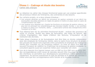 Phase 1 - Cadrage et étude des besoins
                   Cahier des charges


                   La rédaction du cahier des charges fonctionnel passe par une analyse approfondie
                   des processus métiers de l’entreprise, des contraintes et des besoins.
                   Sur certains projets, on a deux phases d’analyse :
                     Une analyse générale qui définit les processus de gestion existants et qui décrit les
                     éventuelles nouvelles fonctions et règles de gestion à mettre en place dans le cadre de
                     l'implémentation de l'ERP.
                     Une analyse plus détaillée qui, d'après les fonctions et principes de gestion retenus, va
                     plus loin en précisant les caractéristiques des données (libellé, format…), les contrôles
                     à mettre en place (sur montants, dates, ...),description précise des changements entre
                     l'existant et la cible…
                   Tout dépend bien sûr du périmètre fonctionnel étudié : analyse des processus de
                   vente ou d’achat, études des dates de facturation, des types de facture, des
                   critères d’agrégation, des règles d’édition des factures, d’imputation et de
                   restitution des données.
                   Cette phase d’analyse et de formalisation doit être faite en étroite collaboration
                   avec des employés de l’entreprise cliente, dans le cadre d’une structure de projet.
                   Des groupes de travail sont organisés entre consultants et employés de l’entreprise
                   cliente pour travailler sur les processus métiers. La mise en place d’un ERP est
                   souvent l’occasion de redéfinir ou d’optimiser les processus de gestion existants. Le
                   consultant apporte aussi son expertise métier pour conseiller son client.
                   Lors de la bascule d’un logiciel maison vers un ERP ou d’un ERP vers un autre ERP,
                   des correspondances entre zones de données doivent être trouvées. La définition
                   des interfaces va permettre aux développeurs/ paramétreurs d’être opérationnels
                   rapidement. Ils sauront exactement le type de données et le format des données à
                   traiter ainsi que leur correspondance entre l’ancien et le nouveau système.

Processus et ERP
Janvier 2011
                                                                                                            11
 