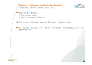 Phase 1 - Cadrage et étude des besoins
                   Cahier des charges – Niveau de lecture


                   Pour les gros projets :
                    2 niveaux de lecture
                    pour les 2 types de lecteurs :


                   Un niveau synthétique, pour les décideurs (15 pages maxi)


                   Un niveau détaillé, sous forme d’annexes spécialisées, pour   les
                   opérationnels




Processus et ERP
Janvier 2011
                                                                                   19
 