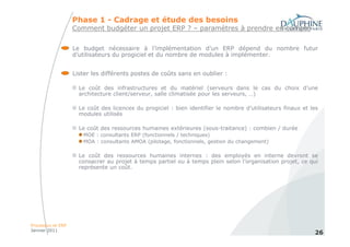 Phase 1 - Cadrage et étude des besoins
                   Comment budgéter un projet ERP ? – paramètres à prendre en compte


                   Le budget nécessaire à l’implémentation d’un ERP dépend du nombre futur
                   d’utilisateurs du progiciel et du nombre de modules à implémenter.


                   Lister les différents postes de coûts sans en oublier :

                     Le coût des infrastructures et du matériel (serveurs dans le cas du choix d’une
                     architecture client/serveur, salle climatisée pour les serveurs, …)

                     Le coût des licences du progiciel : bien identifier le nombre d’utilisateurs finaux et les
                     modules utilisés

                     Le coût des ressources humaines extérieures (sous-traitance) : combien / durée
                      MOE : consultants ERP (fonctionnels / techniques)
                      MOA : consultants AMOA (pilotage, fonctionnels, gestion du changement)

                     Le coût des ressources humaines internes : des employés en interne devront se
                     consacrer au projet à temps partiel ou à temps plein selon l’organisation projet, ce qui
                     représente un coût.




Processus et ERP
Janvier 2011
                                                                                                             26
 