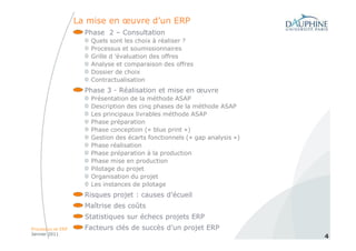 La mise en œuvre d’un ERP
                     Phase 2 – Consultation
                      Quels sont les choix à réaliser ?
                      Processus et soumissionnaires
                      Grille d ’évaluation des offres
                      Analyse et comparaison des offres
                      Dossier de choix
                      Contractualisation
                     Phase 3 - Réalisation et mise en œuvre
                      Présentation de la méthode ASAP
                      Description des cinq phases de la méthode ASAP
                      Les principaux livrables méthode ASAP
                      Phase préparation
                      Phase conception (« blue print »)
                      Gestion des écarts fonctionnels (« gap analysis »)
                      Phase réalisation
                      Phase préparation à la production
                      Phase mise en production
                      Pilotage du projet
                      Organisation du projet
                      Les instances de pilotage
                     Risques projet : causes d’écueil
                     Maîtrise des coûts
                     Statistiques sur échecs projets ERP
Processus et ERP     Facteurs clés de succès d’un projet ERP
Janvier 2011
                                                                           4
 