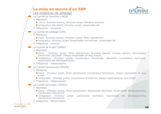 La mise en œuvre d’un ERP
                   Les instances de pilotage
                   Le Comité de Direction CODIR
                     Membres:
                       Client: Business Owners, Directeur projet, Membres Direction
                       Intégrateur (facultatif): Directeur projet, responsable BU
                     Fréquence : trimestriel
                   Le Comité de pilotage COPIL
                     Membres:
                       Client: Business Owners, Directeur projet, Pilote opérationnel
                       Intégrateur: Directeur projet, Responsable commerciale, responsable BU
                     Fréquence : mensuel
                   Le Comité de Projet COPROJ
                     Membres:
                       Client : Directeur projet, Pilote opérationnel, Business Owners, Process Owners, Coordinateur
                       fonctionnel, (facultatif: chaque responsable de sous projet)
                        Intégrateur: Directeur projet, Coordinateur fonctionnel, (facultatif: coordinateur technique,
                       responsable des développements)
                     Fréquence : Hebdomadaire
                   Le Comité Fonctionnel COFONC
                     Membres:
                       Client : Directeur projet, Pilote opérationnel, Coordinateur fonctionnel, chaque responsable de sous
                       projet
                        Intégrateur: Directeur projet, Coordinateur fonctionnel, chaque responsable de sous projet
                     Fréquence : Hebdomadaire
                   Le Comité technique COTECH
                     Membres:
                       Client : Directeur projet, Pilote opérationnel, Responsable technique, Responsable développements,
                       Coordinateur fonctionnel
                        Intégrateur: Directeur projet, coordinateur technique, responsable des développements,
                       Coordinateur fonctionnel
                     Fréquence : Hebdomadaire
Processus et ERP
Janvier 2011
                                                                                                                         46
 