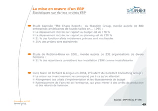 La mise en œuvre d’un ERP
                   Statistiques sur échecs projets ERP



                   Etude baptisée "The Chaos Report« du Standish Group, menée auprès de 400
                   entreprises américaines de toutes tailles en... 1995 :
                     Le dépassement moyen par rapport au budget est de 178 %
                     Le dépassement moyen par rapport au planning est de 230 %
                     51 % des fonctionnalités initialement prévues sont inutilisables
                     35% des projets sont abandonnés




                   Etude de Robbins-Gioia en 2001, menée auprès de 232 organisations de divers
                   horizons :
                     51 % des répondants considèrent leur installation d'ERP comme insatisfaisante




                   Livre blanc de Richard G.Lingus en 2004, Président du Rockford Consulting Group :
                     Le retour sur investissement ne correspond pas à ce qu'on attendait
                     Allongement des délais d'implémentation et les dépassements de budget
                     Ralentissement de l'activité de l'entreprise, qui peut mener à des arrêts de production
                     et des retards de livraison.




                                                                                        Sources : ERP infos du 5/11/05
Processus et ERP
Janvier 2011
                                                                                                                         49
 