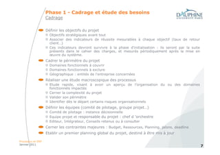 Phase 1 - Cadrage et étude des besoins
                   Cadrage


                   Définir les objectifs du projet
                     Objectifs stratégiques avant tout
                     Associer des indicateurs de réussite mesurables à chaque objectif (taux de retour
                     client…)
                     Ces indicateurs devront survivre à la phase d’initialisation : ils seront par la suite
                     présents dans le cahier des charges, et mesurés périodiquement après la mise en
                     œuvre du système.
                   Cadrer le périmètre du projet
                     Domaines fonctionnels à couvrir
                     Domaines fonctionnels à exclure
                     Géographique : entités de l'entreprise concernées
                   Réaliser une étude macroscopique des processus
                     Etude rapide, visant à avoir un aperçu de l’organisation du ou des domaines
                     fonctionnels impactés
                     Cerner la complexité du projet
                     Valider son périmètre
                     Identifier dès le départ certains risques organisationnels
                   Définir les équipes (comité de pilotage, groupe projet…)
                     Comité de pilotage : instance décisionnelle
                     Equipe projet et responsable du projet : chef d ’orchestre
                     Editeur, Intégrateur, Conseils retenus ou à consulter
                   Cerner les contraintes majeures : Budget, Ressources, Planning, jalons, deadline
                   Etablir un premier planning global du projet, destiné à être mis à jour

Processus et ERP
Janvier 2011
                                                                                                              7
 