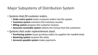 Major Subsystems of Distribution System
• Systems that fill customer orders.
• Order entry system enters customer orders into the system.
• Inventory system maintains the inventory records.
• Billing system prepares the customer invoices.
• Accounts receivable system collects the money from the customers.
• Systems that order replenishment stock.
• Purchasing system issues purchase orders to suppliers for needed stock.
• Receiving system receives the stock.
• Accounts payable system makes payments.
 