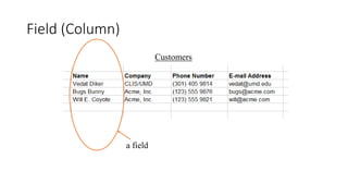 Field (Column)
a field
Customers
 