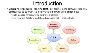 Introduction
• Enterprise Resource Planning (ERP) programs: Core software used by
companies to coordinate information in every area of business
• Help manage companywide business processes
• Use common database and shared management reporting tools
 