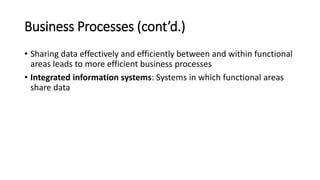 Business Processes (cont’d.)
• Sharing data effectively and efficiently between and within functional
areas leads to more efficient business processes
• Integrated information systems: Systems in which functional areas
share data
 