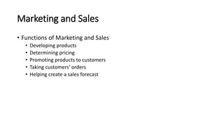 Marketing and Sales
• Functions of Marketing and Sales
• Developing products
• Determining pricing
• Promoting products to customers
• Taking customers’ orders
• Helping create a sales forecast
 