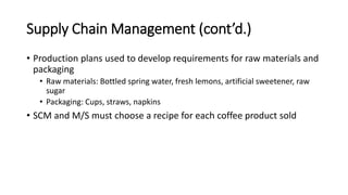 Supply Chain Management (cont’d.)
• Production plans used to develop requirements for raw materials and
packaging
• Raw materials: Bottled spring water, fresh lemons, artificial sweetener, raw
sugar
• Packaging: Cups, straws, napkins
• SCM and M/S must choose a recipe for each coffee product sold
 