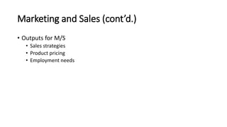 Marketing and Sales (cont’d.)
• Outputs for M/S
• Sales strategies
• Product pricing
• Employment needs
 