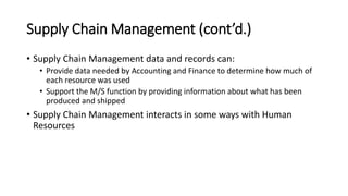 Supply Chain Management (cont’d.)
• Supply Chain Management data and records can:
• Provide data needed by Accounting and Finance to determine how much of
each resource was used
• Support the M/S function by providing information about what has been
produced and shipped
• Supply Chain Management interacts in some ways with Human
Resources
 