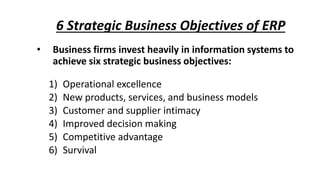 6 Strategic Business Objectives of ERP
• Business firms invest heavily in information systems to
achieve six strategic business objectives:
1) Operational excellence
2) New products, services, and business models
3) Customer and supplier intimacy
4) Improved decision making
5) Competitive advantage
6) Survival
 
