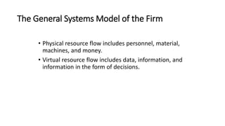 The General Systems Model of the Firm
• Physical resource flow includes personnel, material,
machines, and money.
• Virtual resource flow includes data, information, and
information in the form of decisions.
 