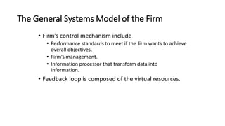The General Systems Model of the Firm
• Firm’s control mechanism include
• Performance standards to meet if the firm wants to achieve
overall objectives.
• Firm’s management.
• Information processor that transform data into
information.
• Feedback loop is composed of the virtual resources.
 