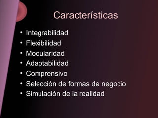 Características Integrabilidad  Flexibilidad Modularidad Adaptabilidad Comprensivo Selección de formas de negocio Simulación de la realidad 