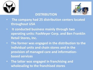 DISTRIBUTION
• The company had 25 distribution centers located
throughout USA
• It conducted business mainly through two
operating units: FoxMeyer Corp. and Ben Franklin
Retail Stores, Inc.
• The former was engaged in the distribution to the
individual units and chain stores and in the
provision of managed care and information-
based services
• The latter was engaged in franchising and
wholesaling to the franchised stores
 