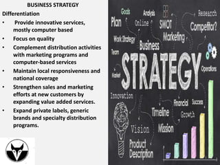 BUSINESS STRATEGY
Differentiation
• Provide innovative services,
mostly computer based
• Focus on quality
• Complement distribution activities
with marketing programs and
computer-based services
• Maintain local responsiveness and
national coverage
• Strengthen sales and marketing
efforts at new customers by
expanding value added services.
• Expand private labels, generic
brands and specialty distribution
programs.
6
 
