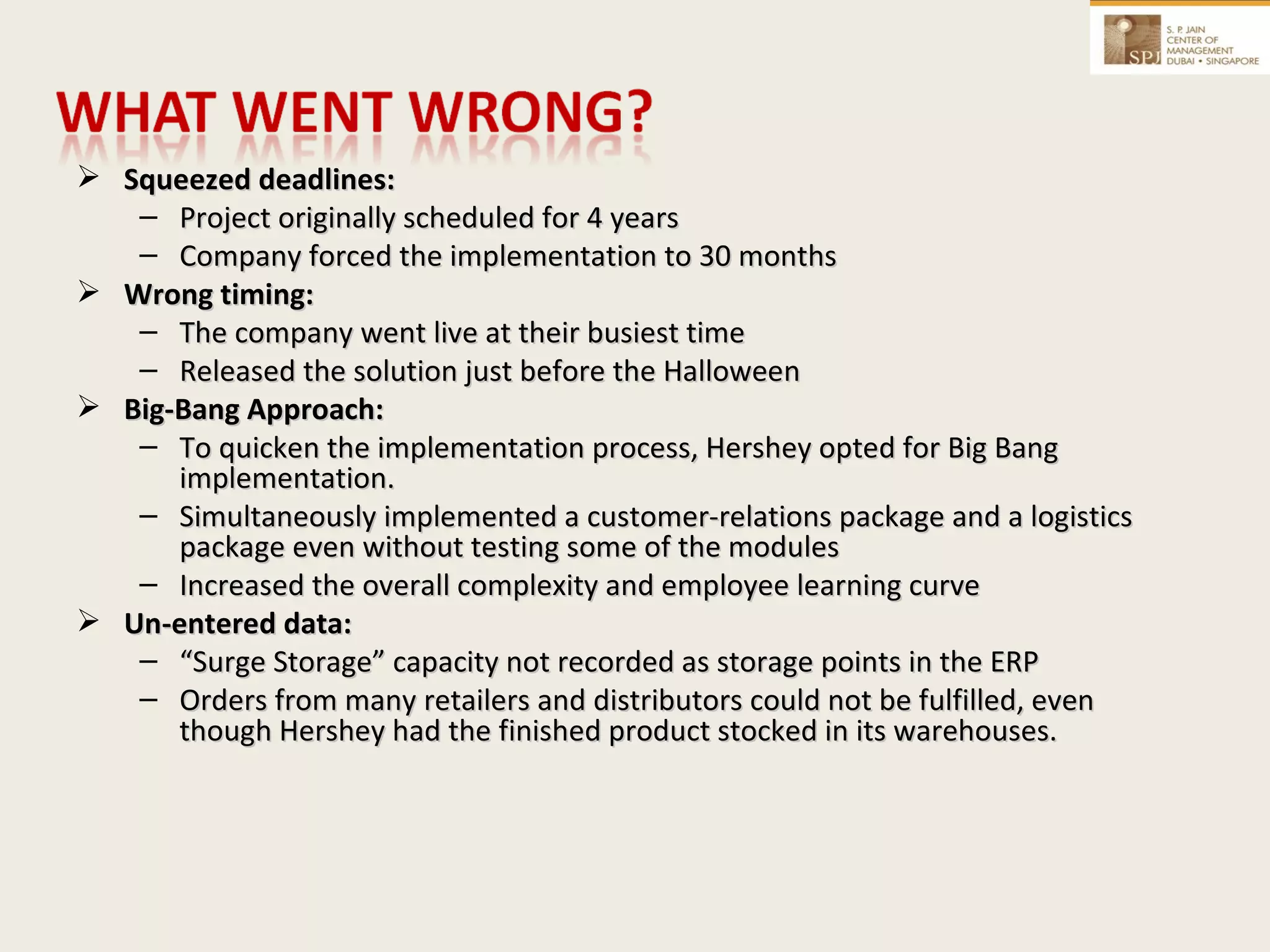 Squeezed deadlines: Project originally scheduled for 4 years Company forced the implementation to 30 months Wrong timing: The company went live at their busiest time Released the solution just before the Halloween Big-Bang Approach: To quicken the implementation process, Hershey opted for Big Bang implementation. Simultaneously implemented a customer-relations package and a logistics package even without testing some of the modules Increased the overall complexity and employee learning curve Un-entered data: “ Surge Storage” capacity not recorded as storage points in the ERP Orders from many retailers and distributors could not be fulfilled, even though Hershey had the finished product stocked in its warehouses. 