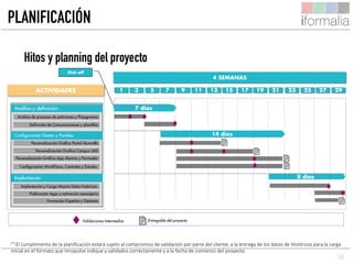 30
ACTIVIDADES 1
4 SEMANAS
Análisis y definición
Configuración Gestor y Portales
Validaciones Intermedias
Kick-off
Análisis de procesos de peticiones y Flujogramas
Definición de Comunicaciones y plantillas
Personalización Gráfica Portal Alumn@s
Personalización Grafica Campus LMS
3 5 7 9 11 13 15 17 19 21
Entregable del proyecto
14 días
Implantación
Publicación Apps y activación mensajería
Formación Expertos y Gestores
8 días
23 25 27 29
(*) El cumplimiento de la planificación estará sujeto al compromiso de validación por parte del cliente, a la entrega de los datos de Históricos para la carga
inicial en el formato que Innopulse indique y validados correctamente y a la fecha de comienzo del proyecto
Implantación y Carga Masiva Datos históricos
Personalización Gráfica App Alumno y Formador
Hitos y planning del proyecto
PLANIFICACIÓN
7 días
Configuración WorkFlows, Controles y Estados
 