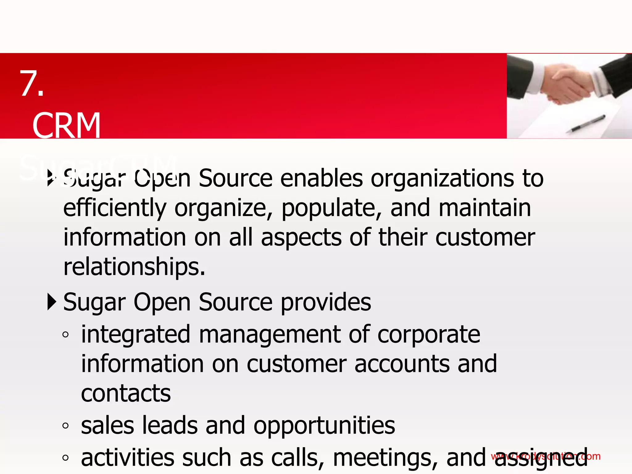6. สถาปัตยกรรมซอฟแวร์ (ต่อ)Data LayerPresentation LayerBusiness LayerData Access LayerJAVA, VB.NET, C#, C++, PHP, Python, Perl,…Data Access ComponentMS SQL, MySQL, PostgreSQL, Oracle, DB2,…Windows FormWeb Form
