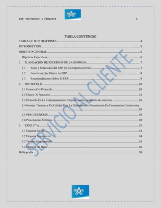 ERP, PROTOCOLO Y ETIQUETA 3
TABLA CONTENIDO
TABLA DE ILUSTRACIONES...................................................................................................................4
INTRODUCCIÓN ........................................................................................................................................5
OBJETIVO GENERAL................................................................................................................................6
Objetivos Específicos................................................................................................................................6
1. PLANEACIÓN DE RECURSOS DE LA EMPRESA .........................................................................7
1.1 Retos y Soluciones del ERP En La Empresa De Hoy...................................................................7
1.2 Beneficios Que Ofrece La ERP: ...................................................................................................8
1.3 Recomendaciones Sobre El ERP: .................................................................................................9
2. PROTOCOLO.....................................................................................................................................10
2.1 Historia Del Protocolo ......................................................................................................................10
2.2 Clases De Protocolo..........................................................................................................................12
2.3 Protocolo En La Correspondencia: Tarjetas, cartas, portafolio de servicios ....................................16
2.4 Normas Técnicas y De Calidad Para La Elaboración y Presentación De Documentos Comerciales.
................................................................................................................................................................20
2.5 PRECEDENCIAS.............................................................................................................................29
2.6 Precedencias Militares. .....................................................................................................................30
3. ETIQUETA.........................................................................................................................................32
3.1 Etiqueta Social ..................................................................................................................................33
3.2 Etiqueta Empresarial:........................................................................................................................34
3.3 Tarjetas Empresariales:.....................................................................................................................35
3.4 Etiqueta De Mesa:.............................................................................................................................36
Bibliografía .................................................................................................................................................38
 