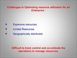 Challenges in Optimizing resource utilization for an
Enterprise :
Expensive resources.
Limited Resources.
Geographically distributed
Difficult to track control and co-ordinate the
operations to manage resources.
 